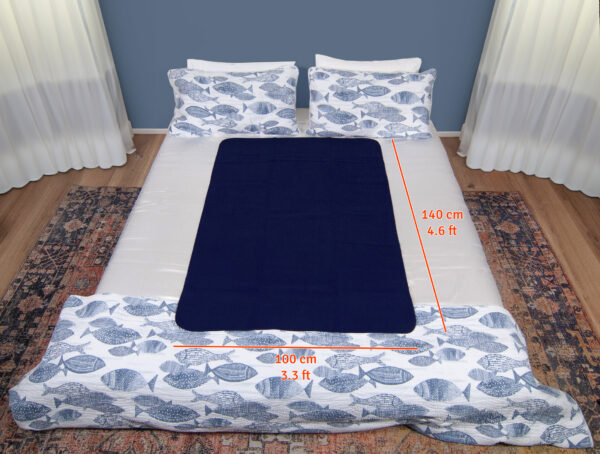 Large Navy Blue Waterproof blanket on a bed with dimensions shown 140 x100cm