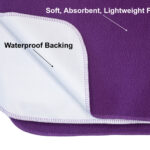 Soft absorbent, lightweight fleece text on the front side of purple waterproof blanket and the waterproof backing shown on the back of the sex blanket