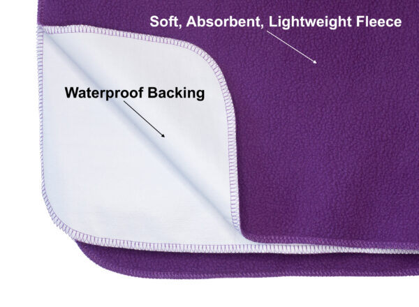 Soft absorbent, lightweight fleece text on the front side of purple waterproof blanket and the waterproof backing shown on the back of the sex blanket