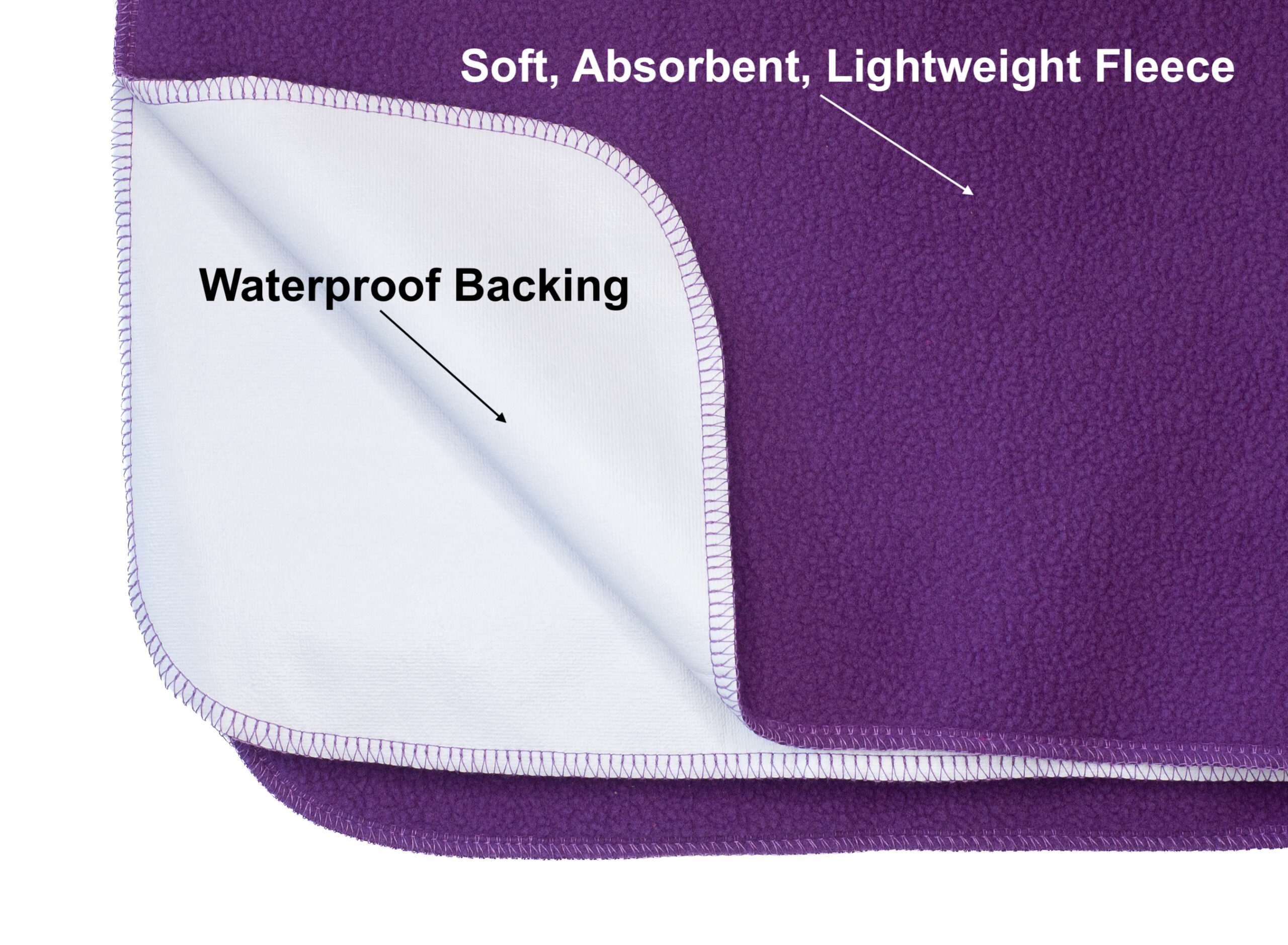 Soft absorbent, lightweight fleece text on the front side of purple waterproof blanket and the waterproof backing shown on the back of the sex blanket