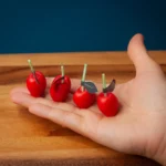 Cute red cherry candles held by a woman on her palm to show how big these candles are