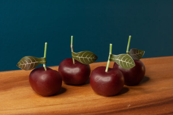4 cherries on a wooden plate - Novelty Cherry Candles