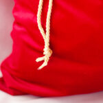 Red Santa Sack made of Velvet and can see golden twisted rope