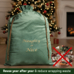 Green velvet Christmas sack with reusable eco-friendly design for sustainable gift giving