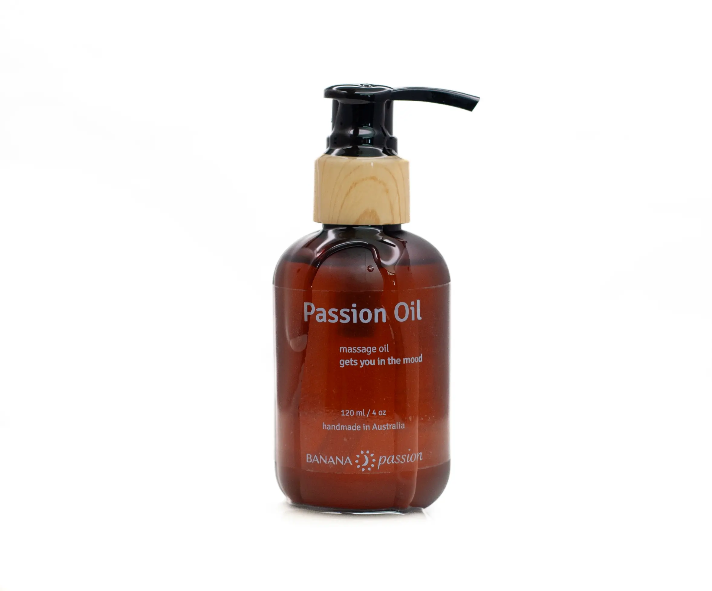 Passion massage oil which gets you in the mood. There is some oil being poured on the bottle. It is a 120ml bottle from Banana passion brand