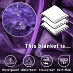 Deep purple velvety waterproof blanket in large size spread smoothly over a bed, showing the soft fleece intimacy blanket surface designed to keep sheets dry during wet, splashy moments
