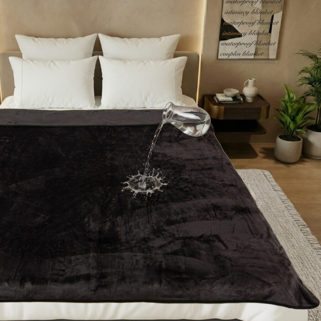 XXL velvety waterproof sex blanket in passion red, extra-large 200 x 200 cm intimacy blanket spread over a bed for full-coverage protection.