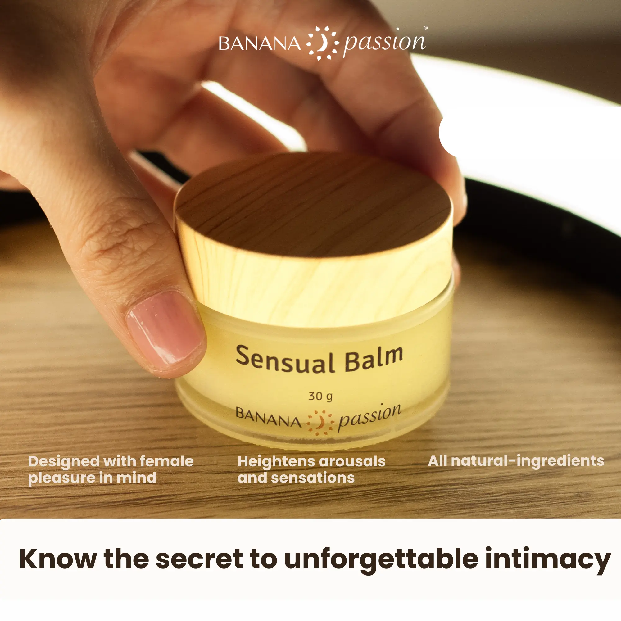 Love button arousal balm, sensual tingle balm for orgasms—increasing female sex drive and pleasure. Cooling effect balm, promo showing a woman taking a dab of it; tagline reads “when touch becomes a thrill.” Orgasm enhancer and stimulating balm for men and women—boost pleasure, intensify sensations, and enhance intimacy with this premium climax enhancement balm for sexual wellness and satisfaction. The tingle lip balm is a sex balm also known as tingle mint lip balm