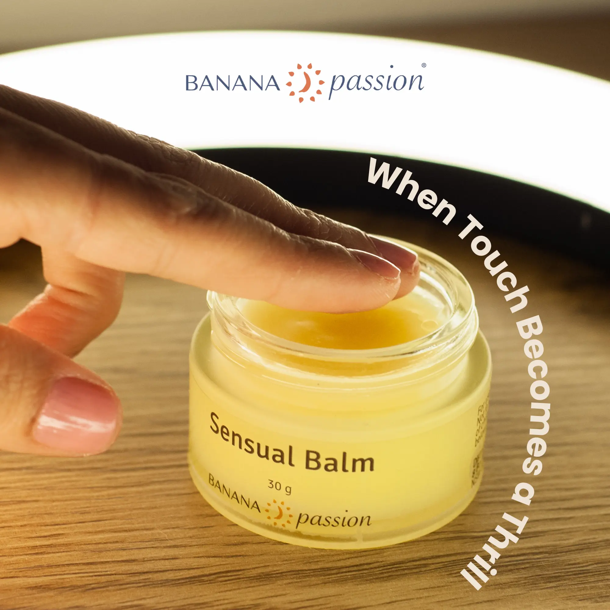 Love button arousal balm, sensual tingle balm for orgasms—increasing female sex drive and pleasure. Cooling effect balm, promo showing a woman taking a dab of it; tagline reads “when touch becomes a thrill.” Orgasm enhancer and stimulating balm for men and women—boost pleasure, intensify sensations, and enhance intimacy with this premium climax enhancement balm for sexual wellness and satisfaction. This is also nipple tingle sex balm or also known as nipple cool tingle balm