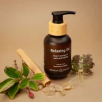 Banana Passion Relaxing Massage Oil ingredients—natural essential oils from various woods. Warm, soothing oil for relaxation, muscle relief, stress release, body wellness, and comforting couples massage.