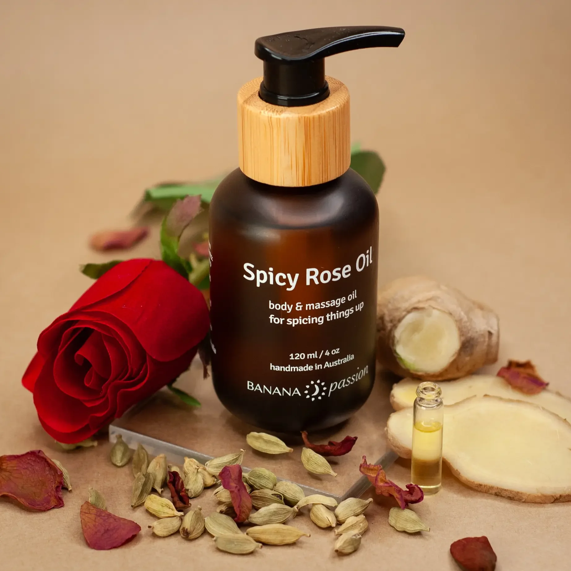 Spicy Rose Massage Oil which is made of Rose, ginger and cardamom. This oil is great for date nights and perfect to increase the libido