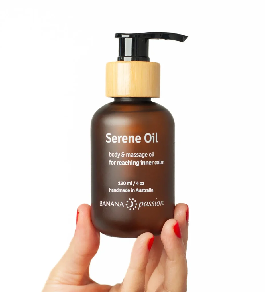 Banana Passion Serene Massage Oil—calming, relaxing natural massage oil for couples, sleep support, stress relief, soothing bedtime routines, gentle body oil for intimacy and self-care.