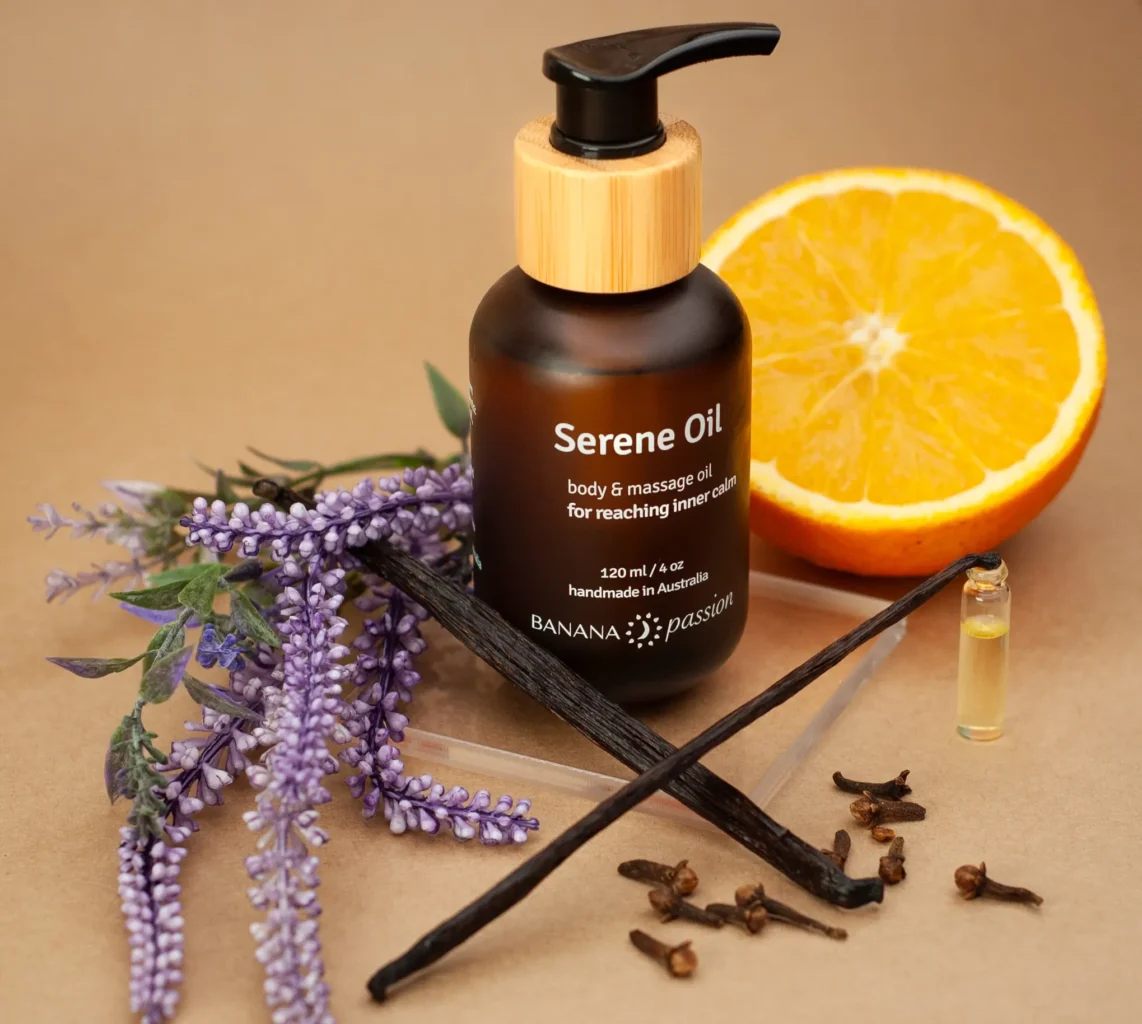 Banana Passion Pregnancy Massage Oil ingredients—safe for external use on private parts (penis, clitoris, vulva), unscented, gentle, pregnancy-safe, body oil for sensitive skin, non-toxic, nourishing, prenatal care.