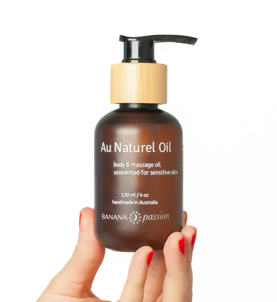 Banana Passion Au Naturel Unscented Massage Oil—safe for sensitive skin and external use on private parts (penis, clitoris, vulva), gentle body oil for intimate massage, pregnancy-safe, non-toxic, nourishing, allergy-friendly.