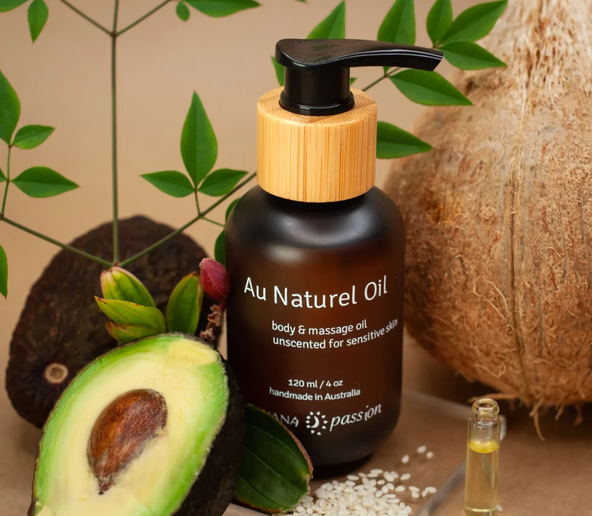 Banana Passion Pregnancy Massage Oil ingredients—safe for external use on private parts (penis, clitoris, vulva), unscented, gentle, pregnancy-safe, body oil for sensitive skin, non-toxic, nourishing, prenatal care.