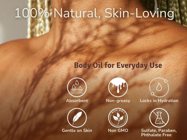 Natural massage oil benefits infographic - best body oil for couples massage, sensual massage, relaxation massage showing absorbent non-greasy hydrating skin-loving properties, vegan massage oil Australia, non-GMO sulfate paraben phthalate free intimate body oil