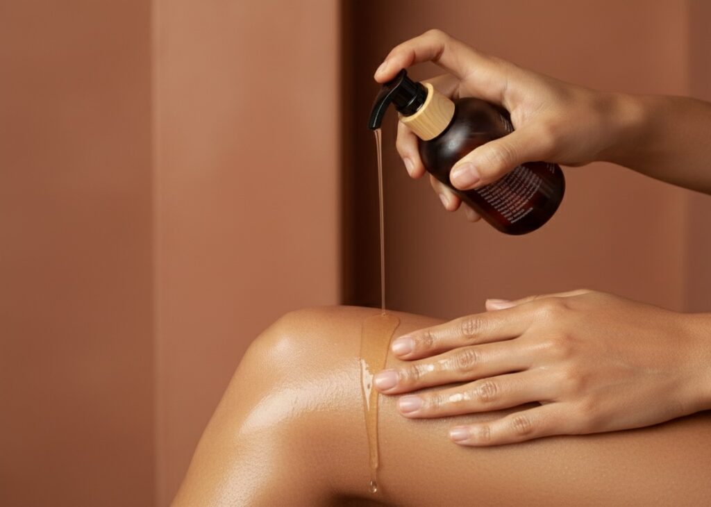 A woman pouring body oil on her leg. This is Banana Passion Massage oil