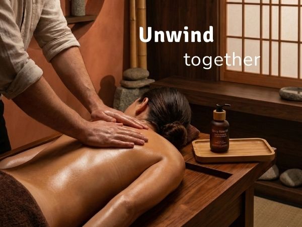 Couple giving relaxing massage with natural body oil - woman receiving back massage unwind together - romantic couples massage therapy intimate wellness Australia sensual massage oil for relaxation stress relief