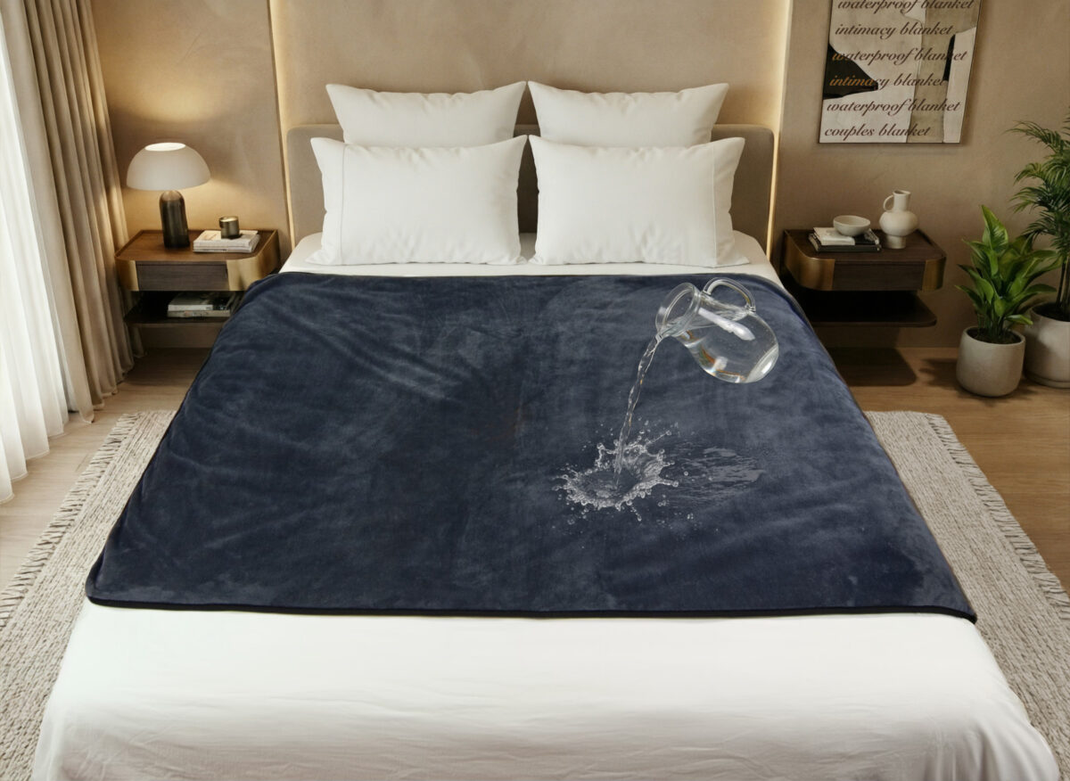 Waterproof intimacy blanket spread over a bed, soft fleece top with leakproof backing to keep sheets dry during spills and playful moments. This velvety waterproof blanket is the best intimacy blanket in Australia.