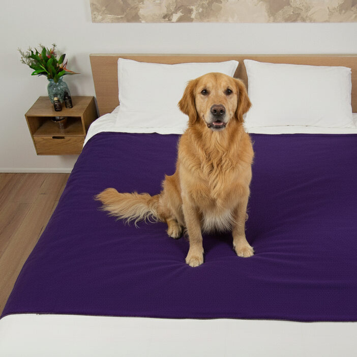 A dog sits on a bed which is protected by a waterproof blanket from any spills or dirt.