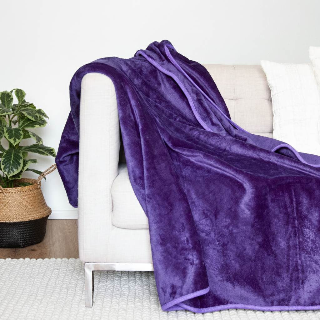 Waterproof blanket for couch perfect for spills and play, soft plush leakproof throw. Waterproof blanket draped over a couch in a modern living room setting. Use it for couples, dogs, kids , toddlers.