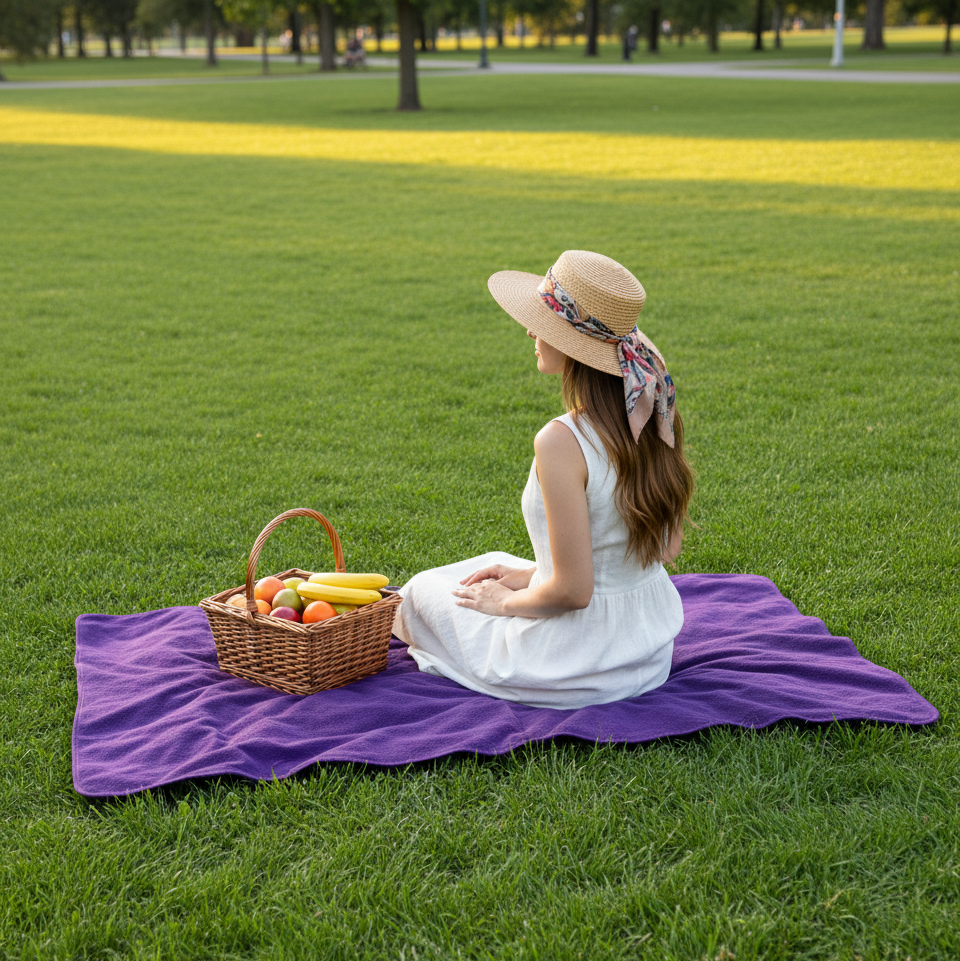 A woman sitting on a purple blanket in the park, with a picnic basket next to her.