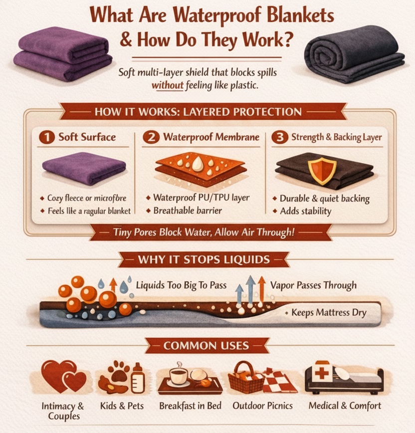 Infographic showing how waterproof blankets work by illustrating the functions of the three layers.