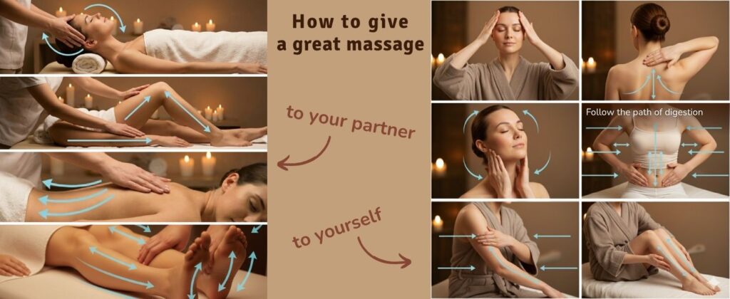 Diagram showing stroke direction for couples massage and self-massage — back, legs, shoulders, neck, arms, belly