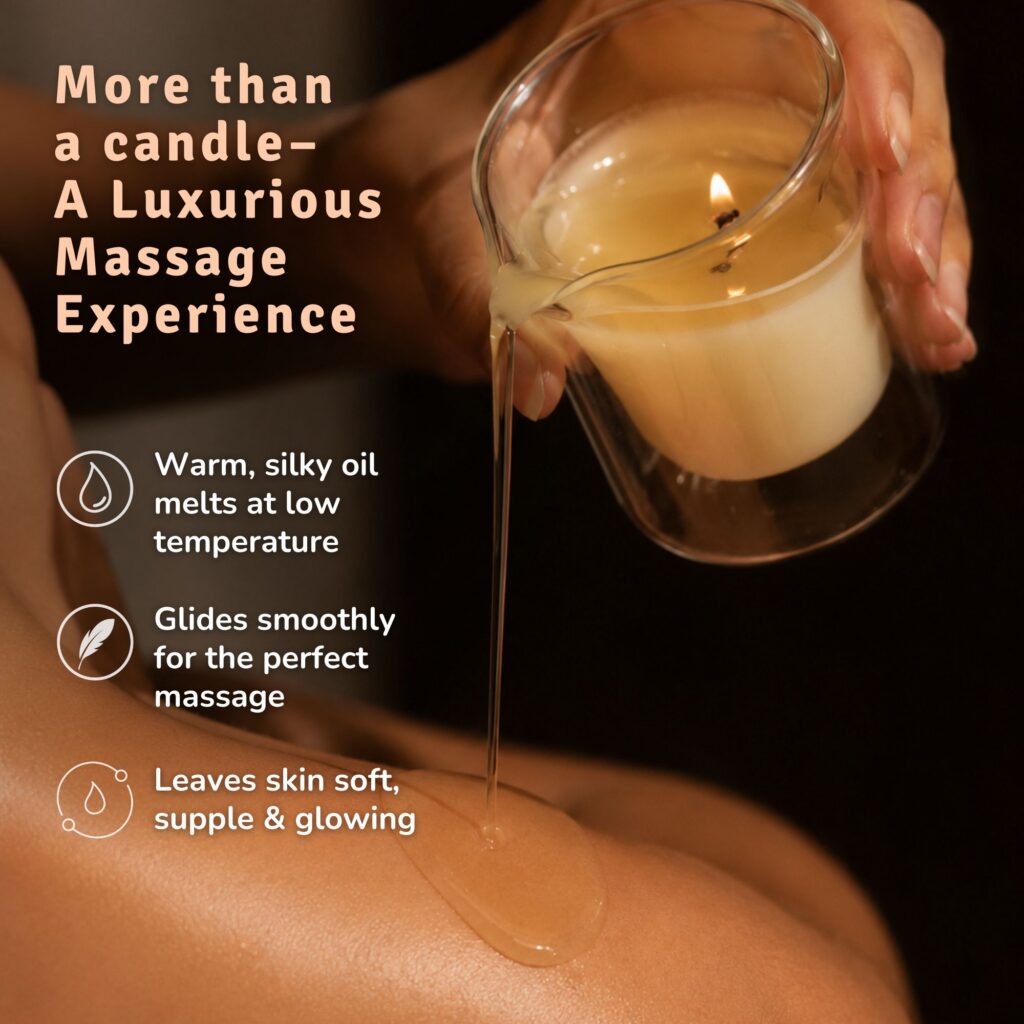Hand holding the double-walled jar by its cool outer wall while the wax inside is melted being poured over a woman’s leg as a lotion candle after bath