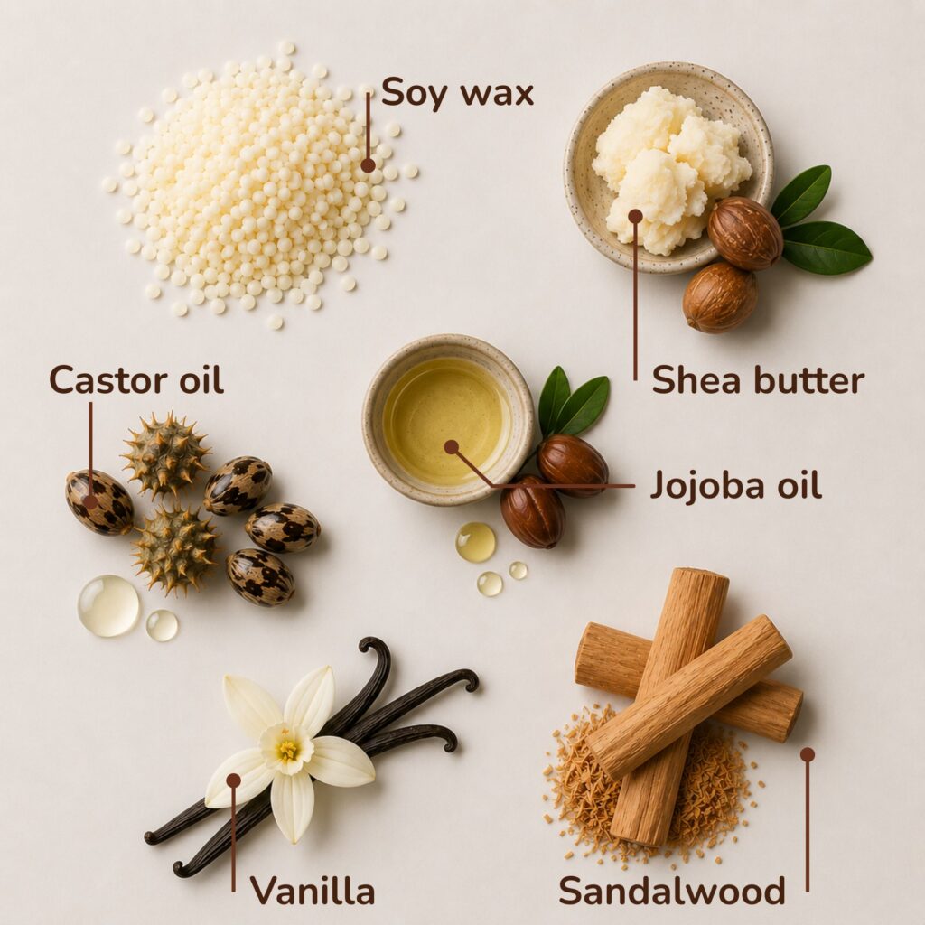 Soy wax, shea butter, jojoba and castor oil, vanilla and sandalwood are the ingredients in the vanilla massage candle by banana passion