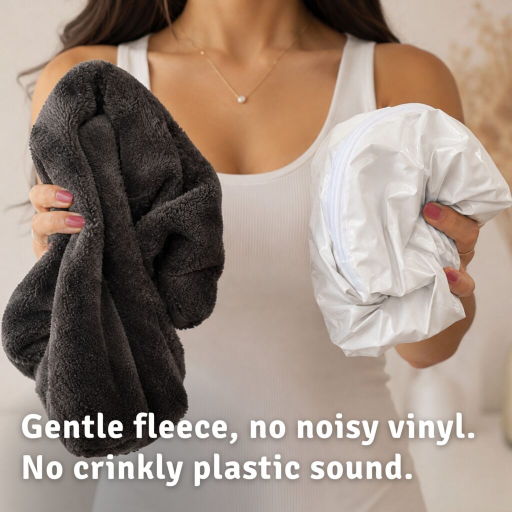 Comparison of a crinkly plastic pillow protector and a silent fleece one which are waterproof in nature