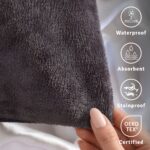 Texture of the splash proof protector - grey in colour. This is waterproof, absorbent, stainproof and oeko tested. Charcoal grey flannel fleece fabric close-up, waterproof pillow protector