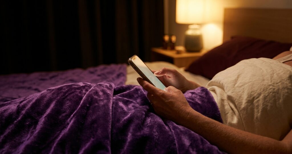 Phone glowing on a bed at night where woman is in bed and has a beautiful purple waterproof throw on her from Banana Passion , about to send a message
