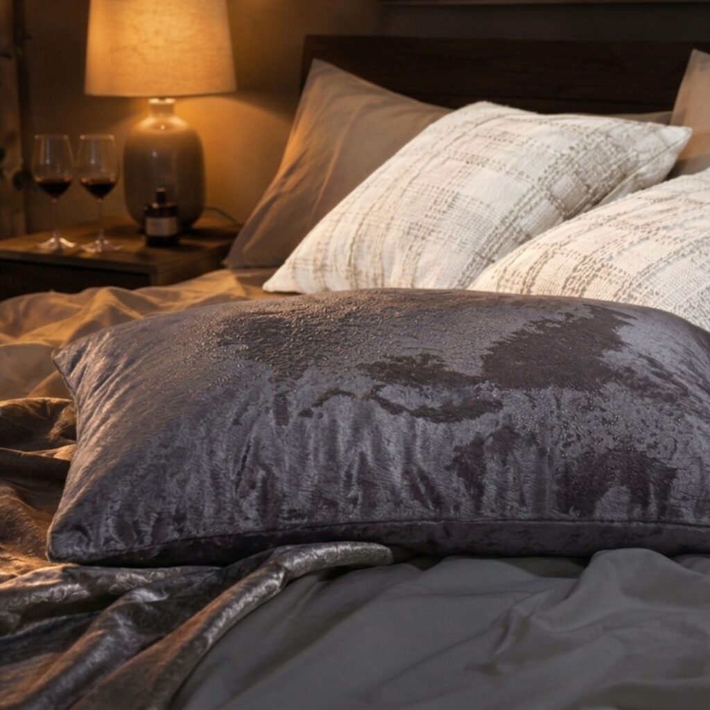 Waterproof pillow protector on a bed at night, warm bedside lamp. The bed is messy and it shows that water proof pillow case is wet.