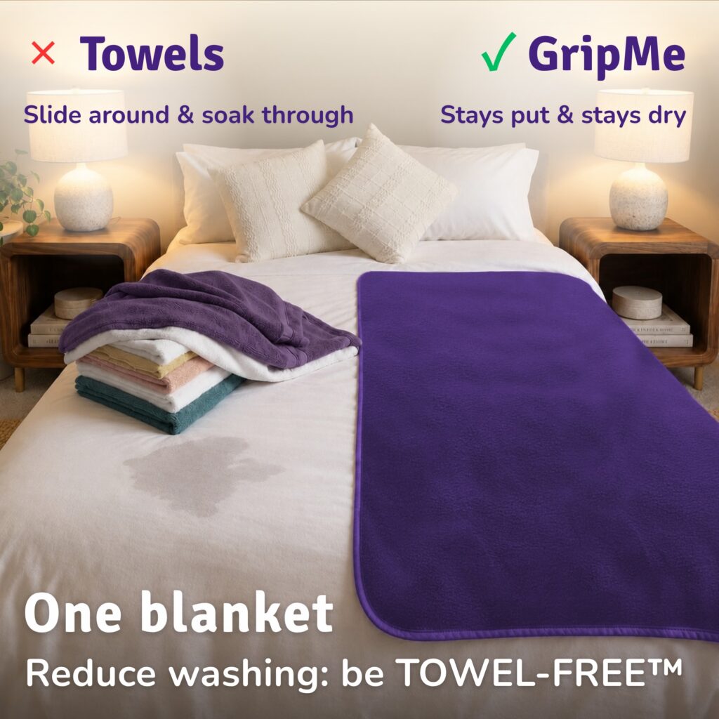 Showcasing towel free standard by Banana Passion where on the bed there are messy towels on the left hand side and GripMe blanket on the right hand side, suggesting a reader to make a choice. With GripMe you need to wash only 1 thin blanket, but with towels you need to wash a bunch.
