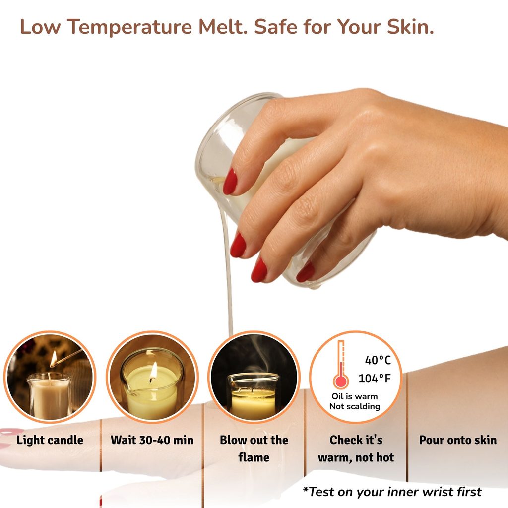 How to use a massage candle, a step by step guide. This lotion candle is being poured on an arm and the steps are provided